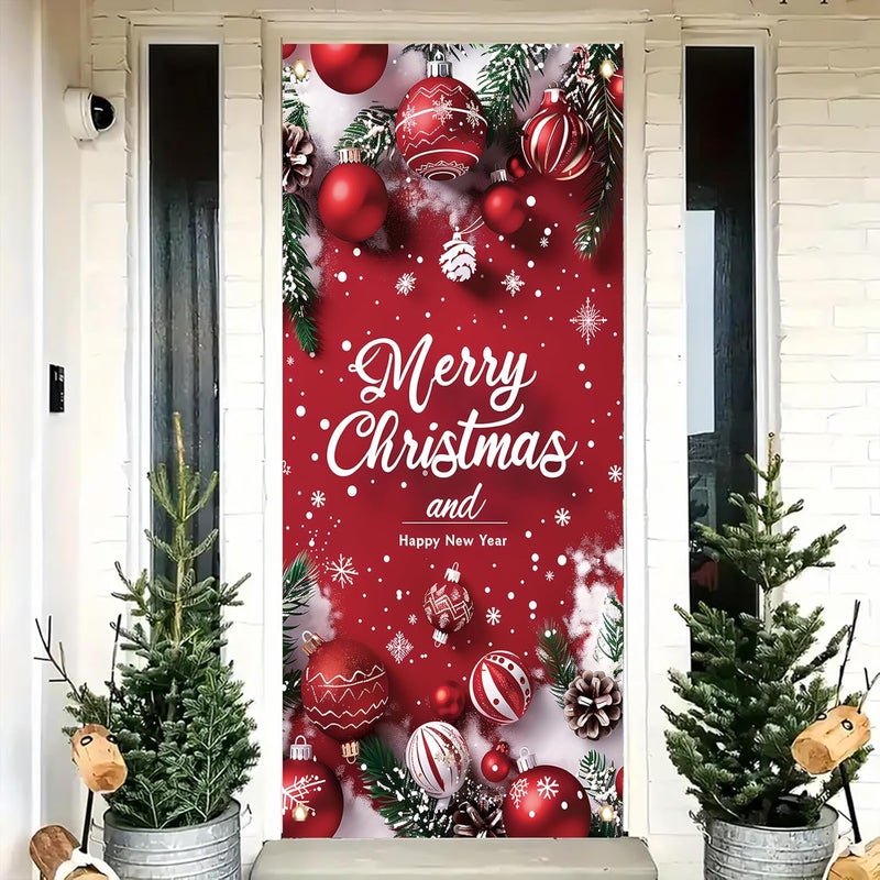Saoplasa Merry Christmas Door Banner Happy New Year 35x71 Inch Red Christmas Front Door Cover with Snowflakes and Lettering for Xmas Winter Seasonal Holiday Party Porch Wall Hanging New Year Entryway Decoration - Image 1